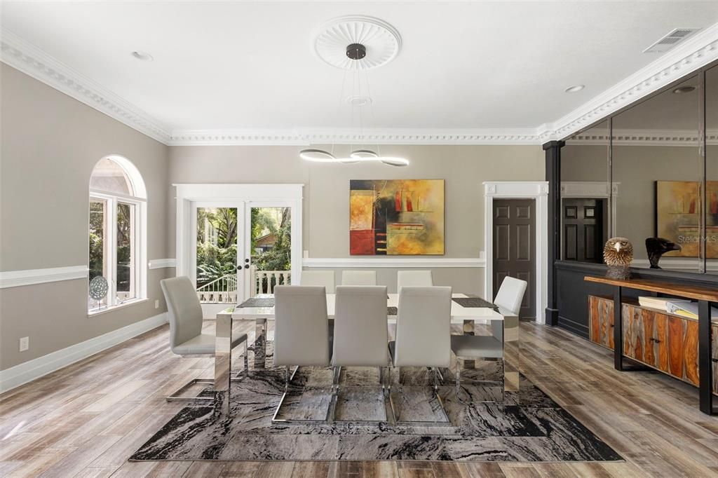 Dining room, Interior, Pendant Lights, Recessed Lighting, Wood Texture Flooring
