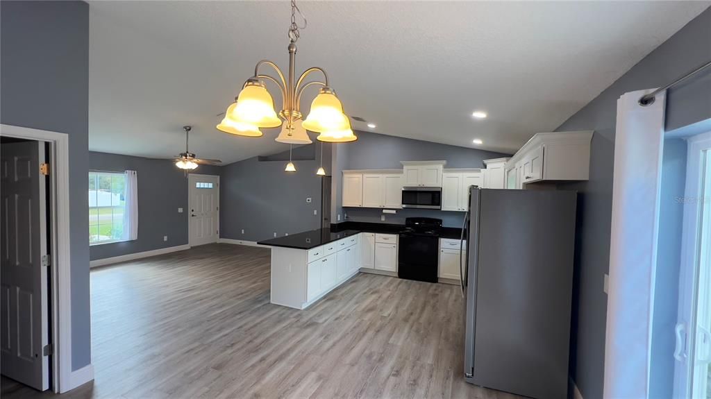 Interior, Kitchen, Pendant Lights, Recessed Lighting, Wood Texture Flooring