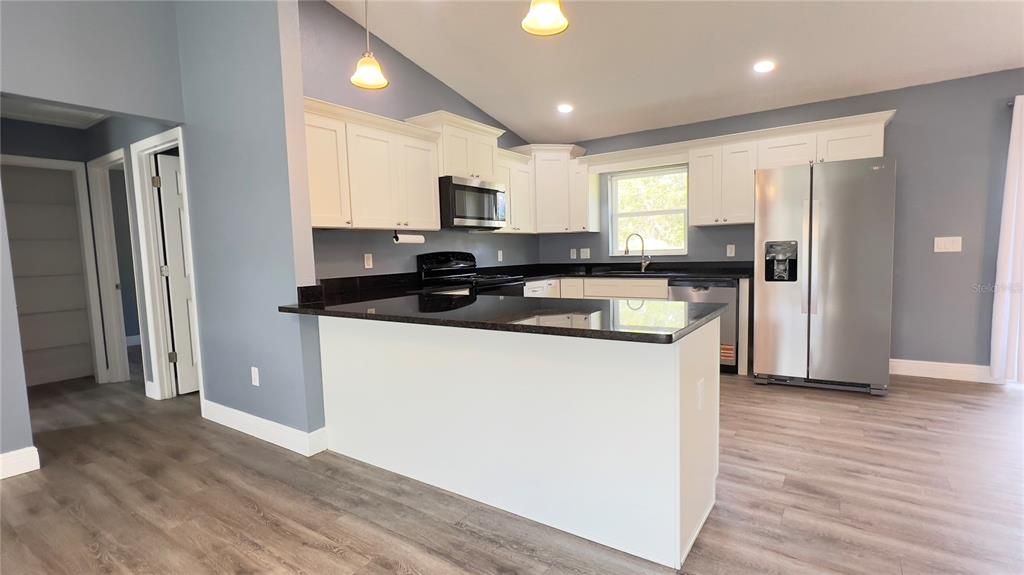 Interior, Kitchen, Pendant Lights, Recessed Lighting, Stainless Steel Appliances, Wood Texture Flooring