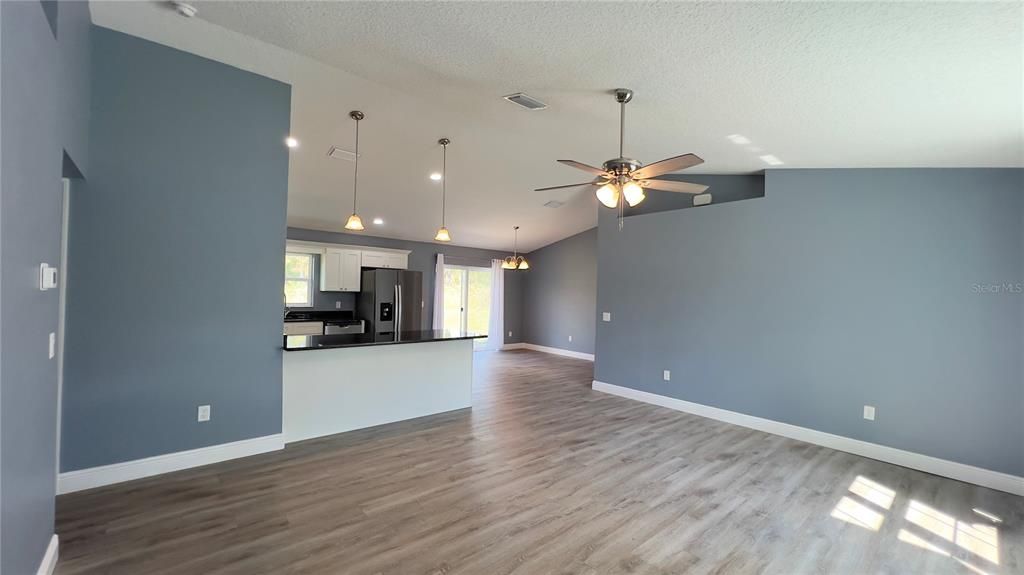 Empty room, Interior, Kitchen, Pendant Lights, Wood Texture Flooring