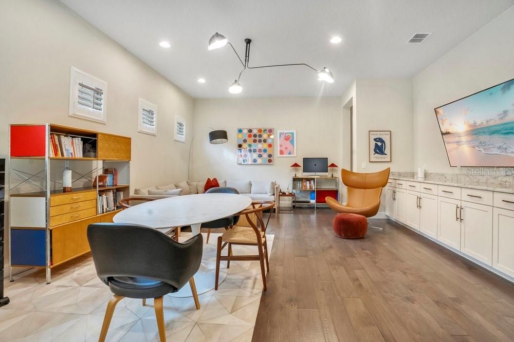 Dining room, Interior, Pendant Lights, Recessed Lighting, Wood Texture Flooring