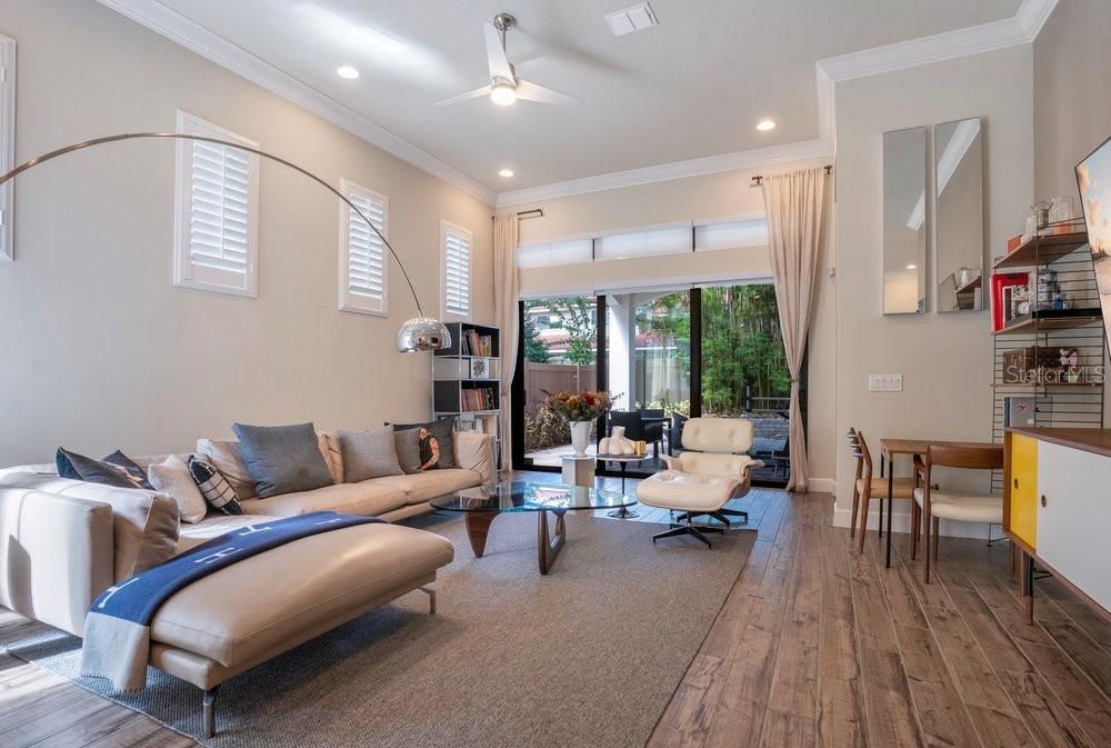 Dining room, Interior, Living room, Recessed Lighting, Wood Texture Flooring