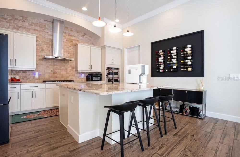 Interior, Kitchen, Pendant Lights, Recessed Lighting, Stone Walls, Wood Texture Flooring