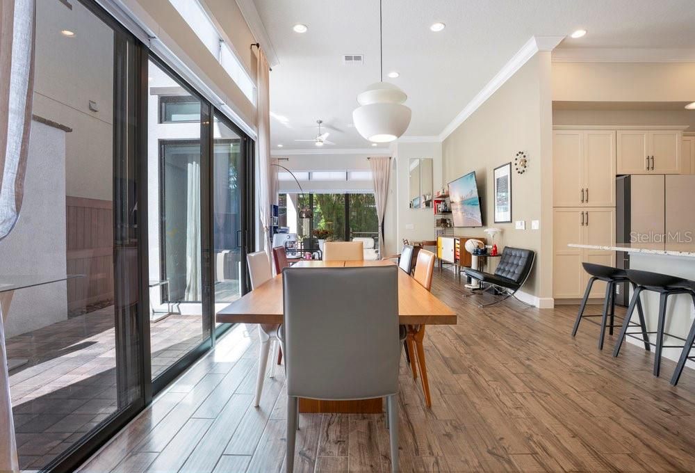 Dining room, Interior, Pendant Lights, Recessed Lighting, Wood Texture Flooring