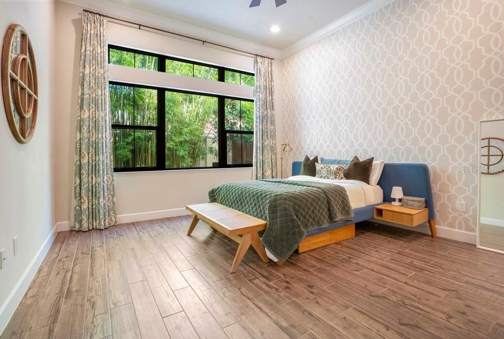 Bedroom, Interior, Recessed Lighting, Wood Texture Flooring