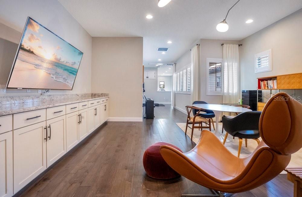 Dining room, Interior, Recessed Lighting, Wood Texture Flooring