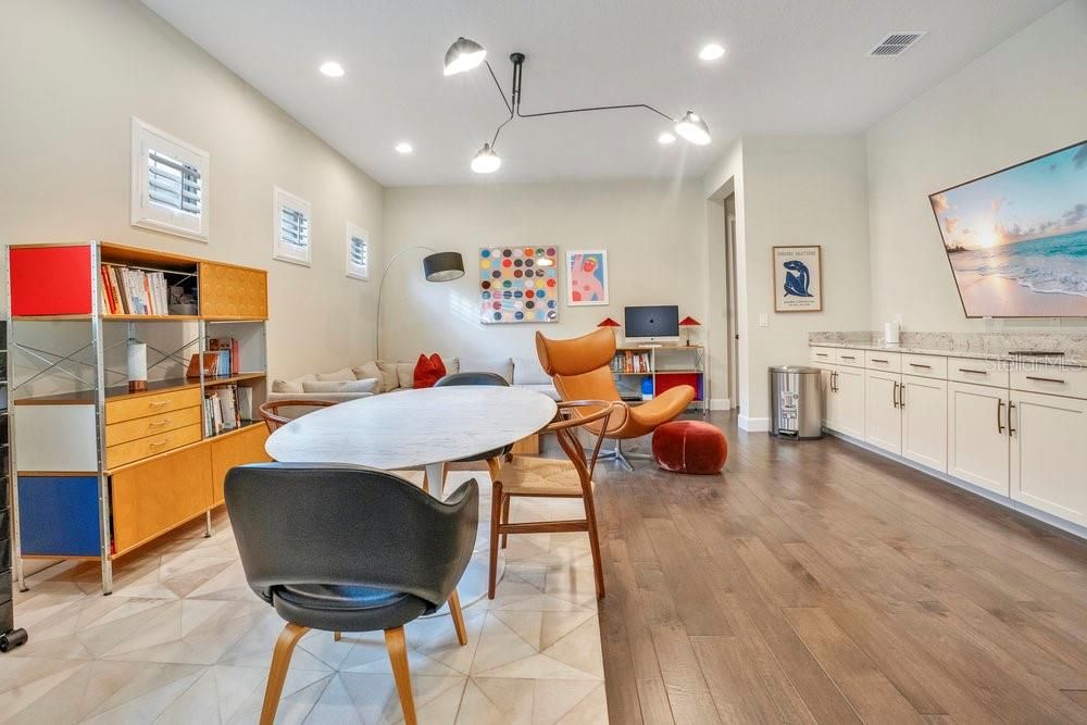 Dining room, Interior, Living room, Recessed Lighting, Wood Texture Flooring