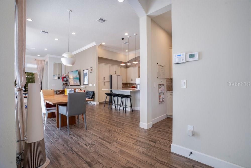 Dining room, Interior, Kitchen, Pendant Lights, Recessed Lighting, Wood Texture Flooring