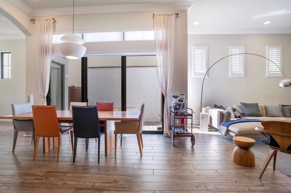 Dining room, Interior, Pendant Lights, Recessed Lighting, Wood Texture Flooring
