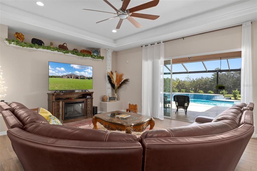 Fireplace, Interior, Living room, Recessed Lighting, Sun Room, Wood Texture Flooring