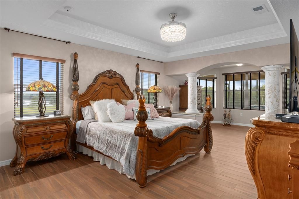 Bedroom, Chandelier, Interior, Recessed Lighting, Wood Texture Flooring