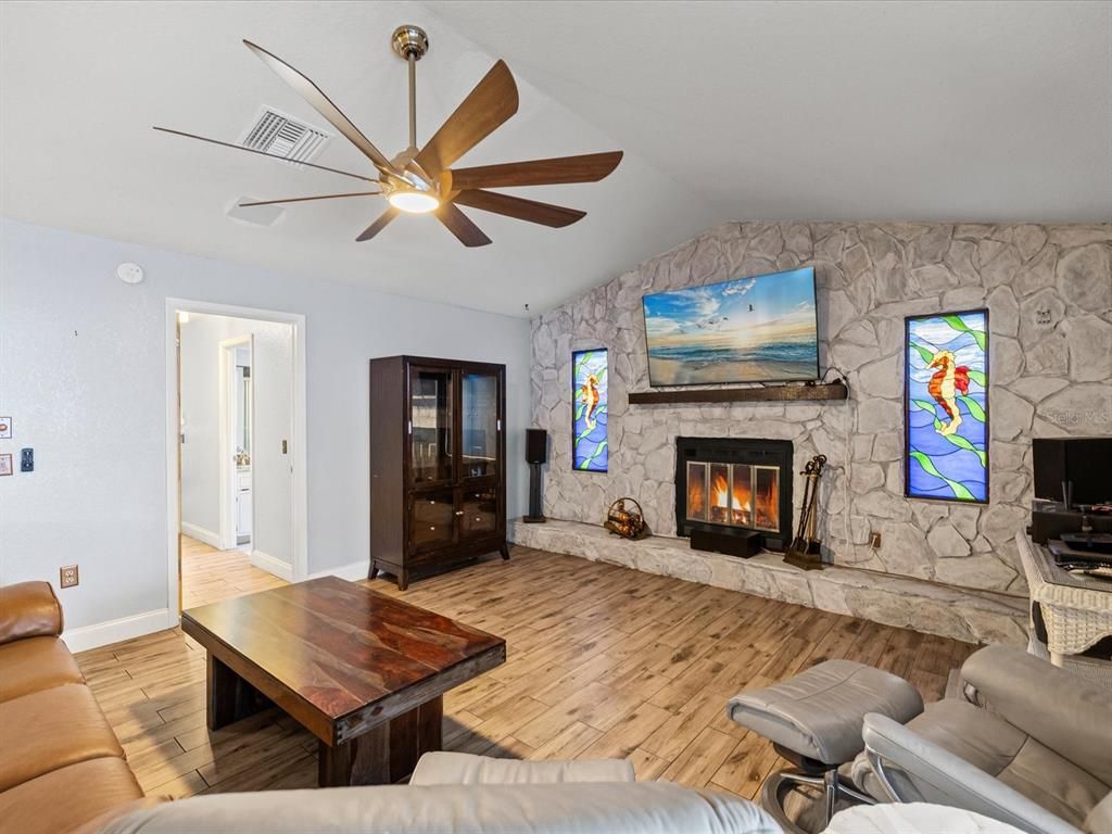 Fireplace, Interior, Living room, Stone Walls, Wood Texture Flooring