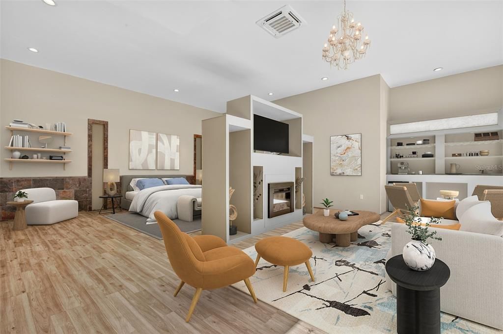 Bedroom, Chandelier, Fireplace, Interior, Living room, Recessed Lighting, Wood Texture Flooring