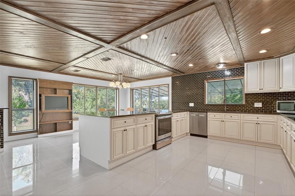 Interior, Kitchen, Recessed Lighting, Stainless Steel Appliances, Wooden Ceilings