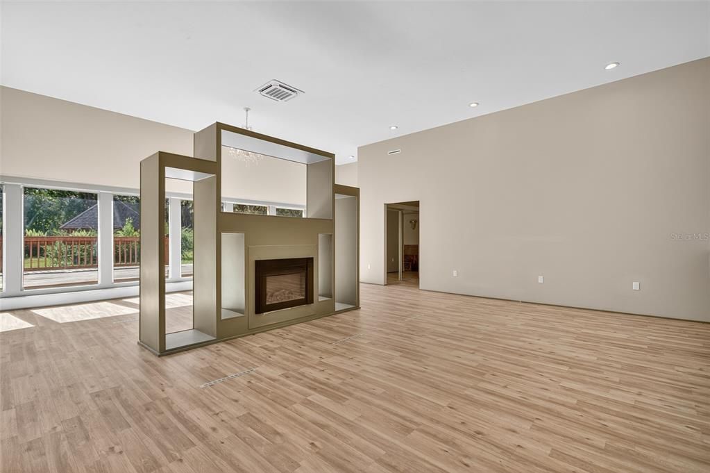 Empty room, Fireplace, Interior, Recessed Lighting, Wood Texture Flooring