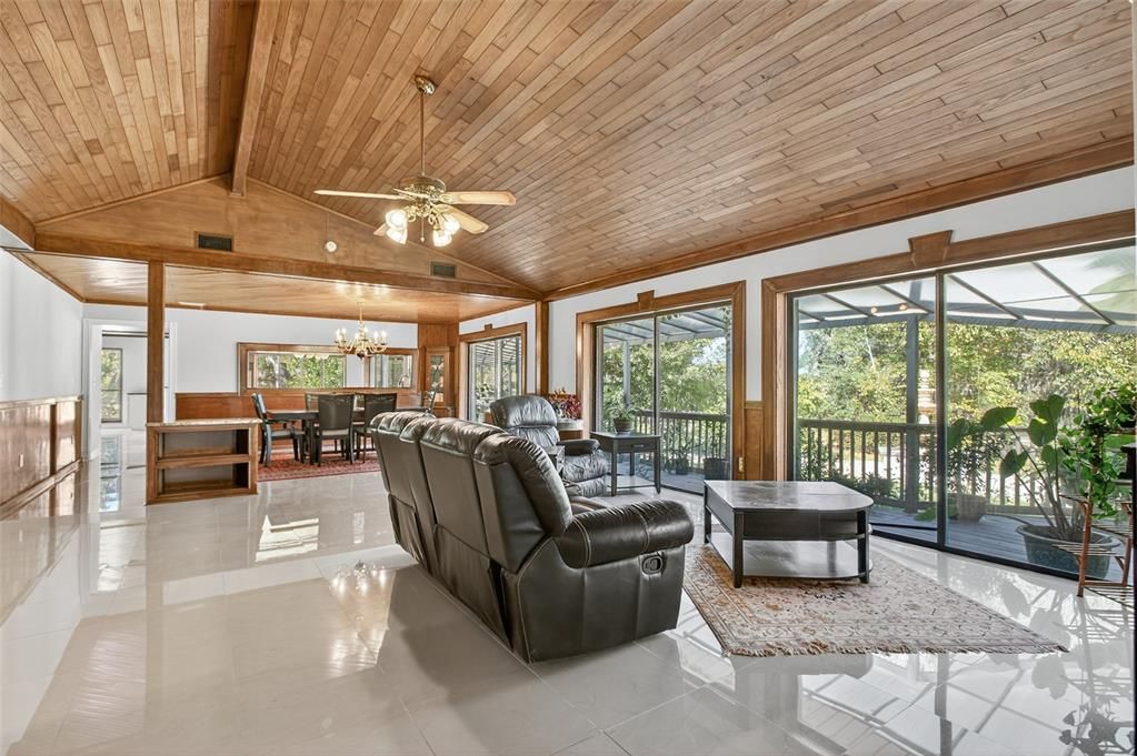 Chandelier, Dining room, Interior, Living room, Recessed Lighting, Wooden Ceilings