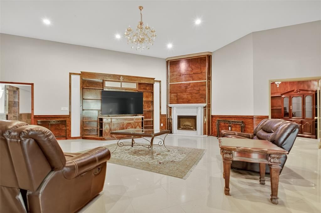 Chandelier, Fireplace, Interior, Living room, Recessed Lighting