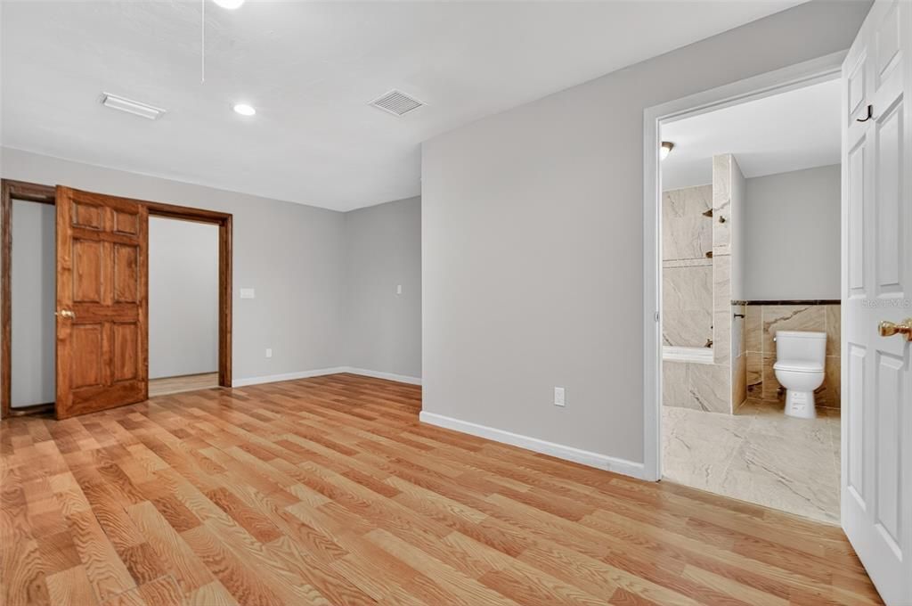 Bathroom, Empty room, Interior, Marble, Recessed Lighting, Wood Texture Flooring