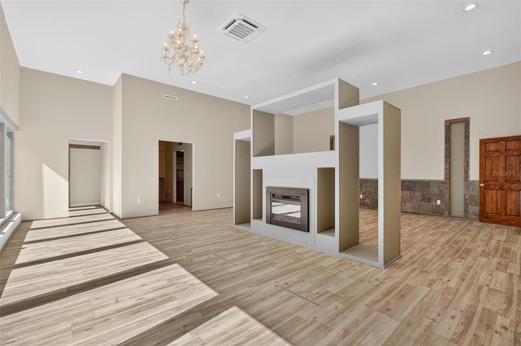 Chandelier, Fireplace, Interior, Recessed Lighting, Wood Texture Flooring