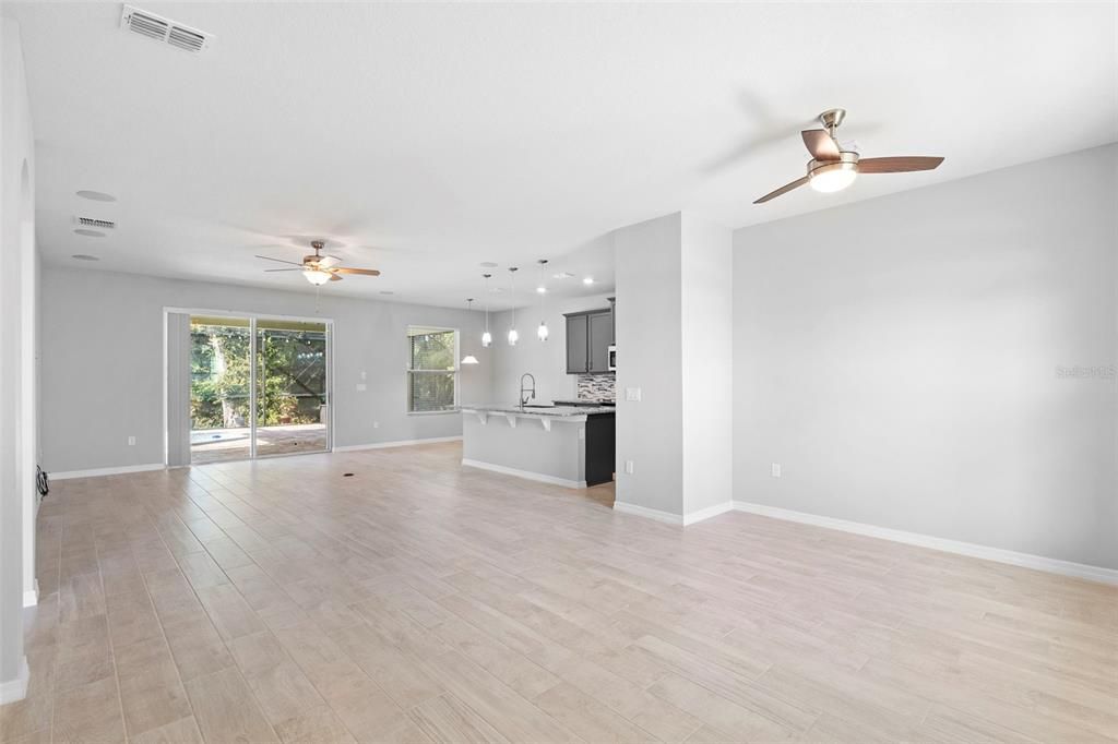 Empty room, Interior, Kitchen, Pendant Lights, Recessed Lighting, Wood Texture Flooring