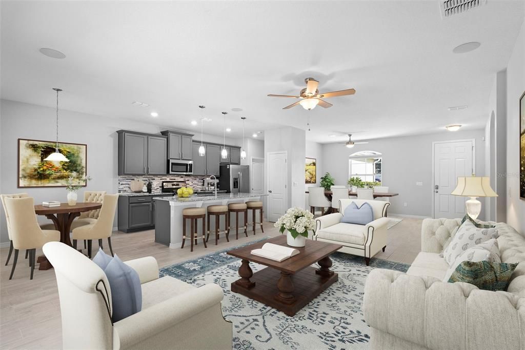 Dining room, Interior, Kitchen, Living room, Pendant Lights, Recessed Lighting, Stainless Steel Appliances, Wood Texture Flooring