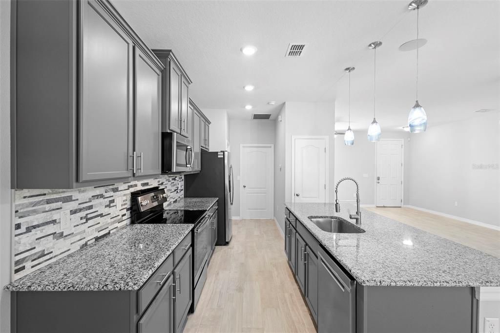 Interior, Kitchen, Pendant Lights, Recessed Lighting, Wood Texture Flooring