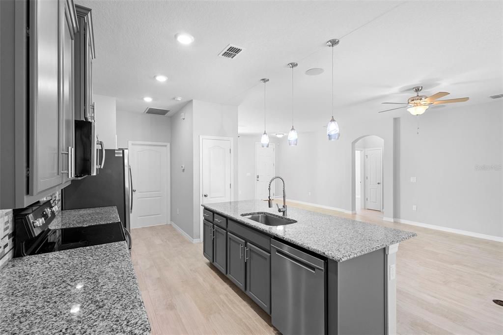 Interior, Kitchen, Pendant Lights, Recessed Lighting, Wood Texture Flooring