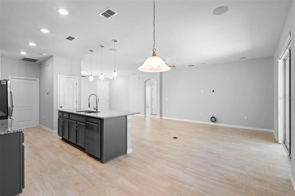 Interior, Kitchen, Pendant Lights, Recessed Lighting, Wood Texture Flooring