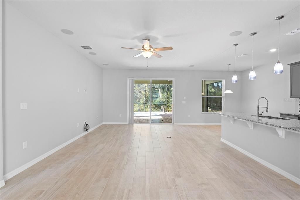 Empty room, Interior, Pendant Lights, Recessed Lighting, Wood Texture Flooring