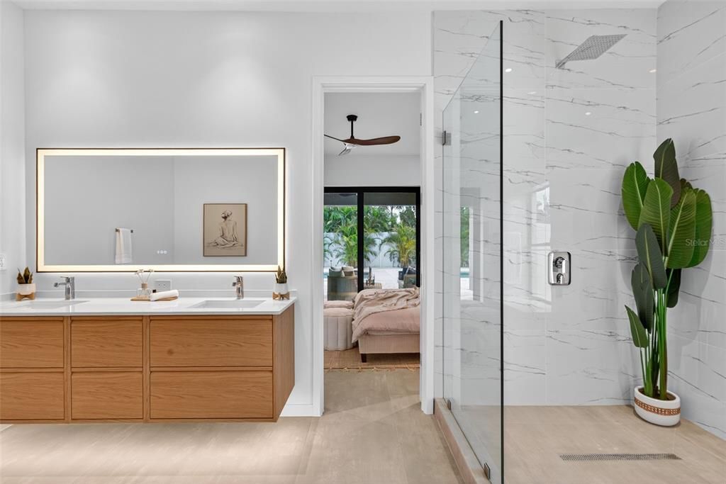 Bathroom, Dual Sink Vanities, Glass Shower, Interior, Marble Walls