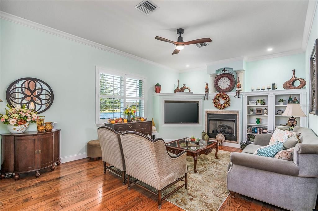 Fireplace, Interior, Living room, Recessed Lighting, Wood Texture Flooring