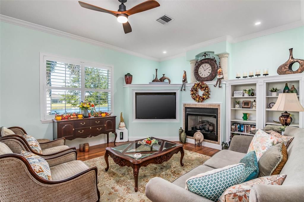 Fireplace, Interior, Living room, Recessed Lighting, Wood Texture Flooring