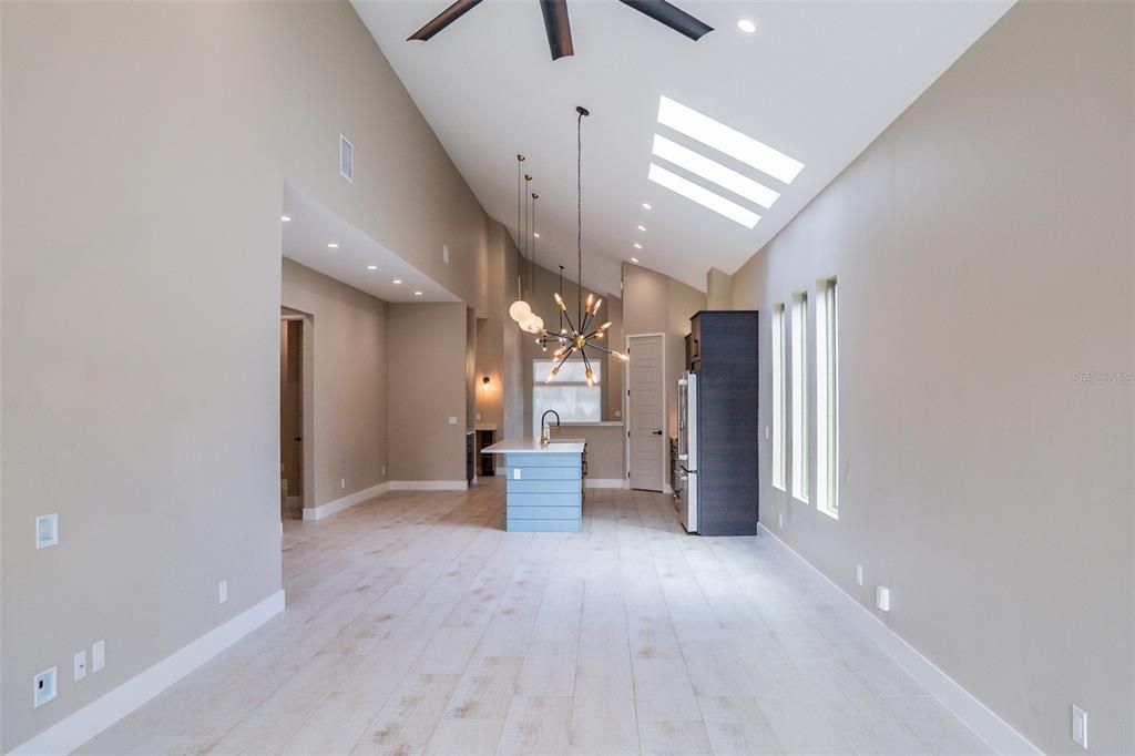 Empty room, Interior, Kitchen, Pendant Lights, Recessed Lighting, Wood Texture Flooring