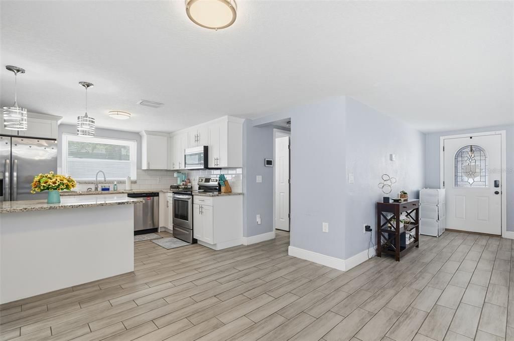 Interior, Kitchen, Pendant Lights, Stainless Steel Appliances, Wood Texture Flooring
