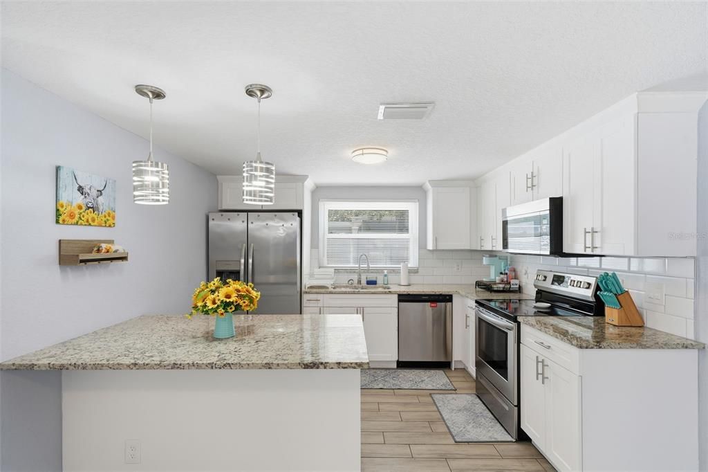 Interior, Kitchen, Pendant Lights, Stainless Steel Appliances, Wood Texture Flooring