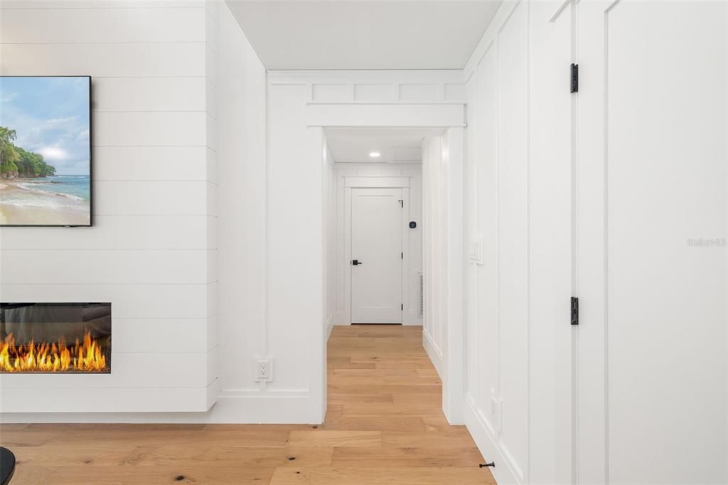 Fireplace, Interior, Recessed Lighting, Wood Texture Flooring