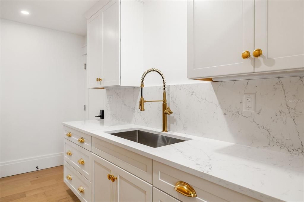 Interior, Kitchen, Marble Walls, Recessed Lighting, Wood Texture Flooring