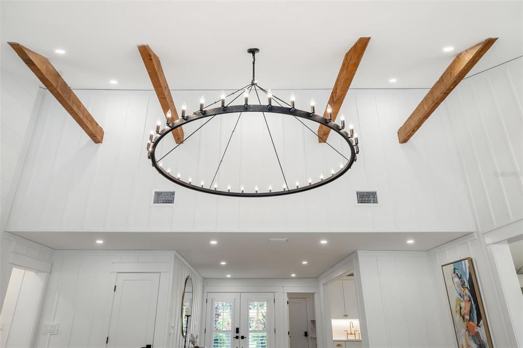 Chandelier, Interior, Recessed Lighting, Wooden Beams