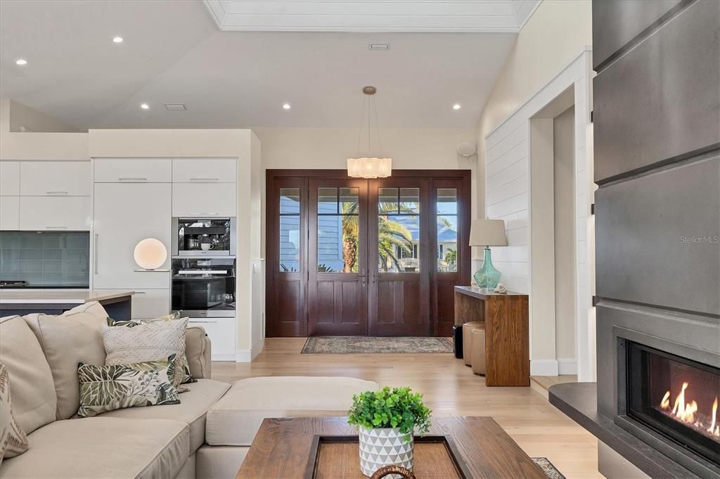 Fireplace, Interior, Kitchen, Living room, Pendant Lights, Recessed Lighting, Wood Texture Flooring