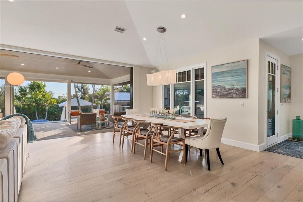 Dining room, Interior, Pendant Lights, Recessed Lighting, Wood Texture Flooring