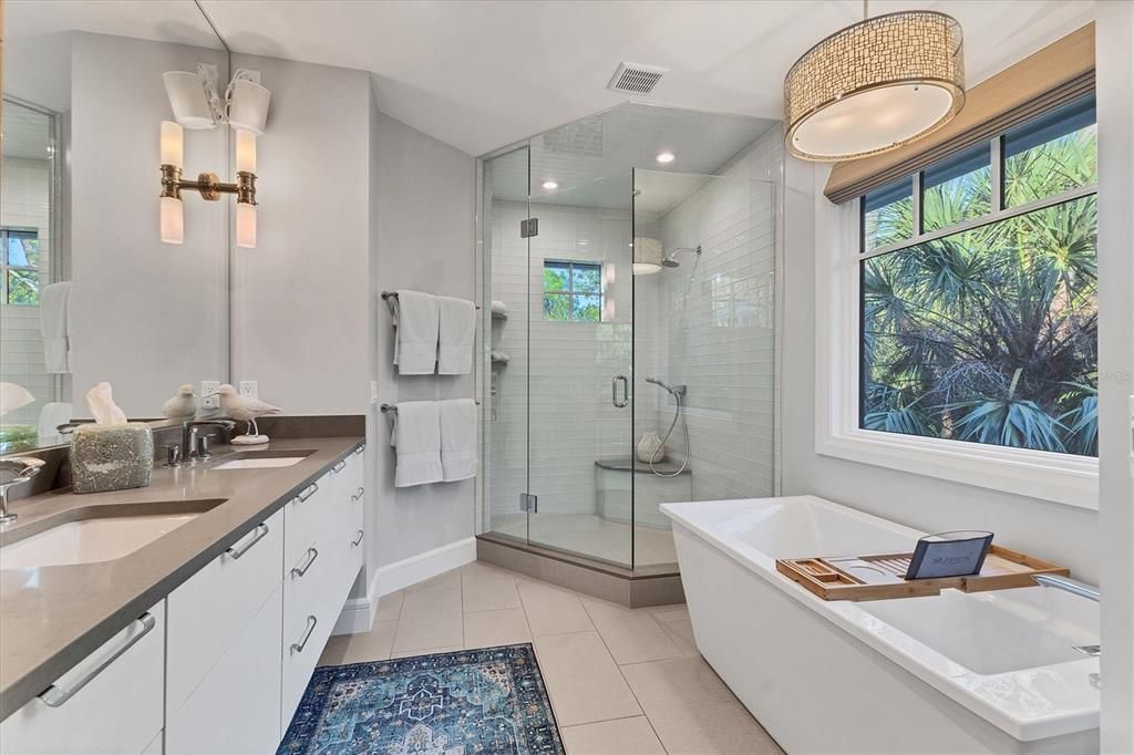 Bathroom, Dual Sink Vanities, Free Standing Baths, Glass Shower, Interior, Recessed Lighting