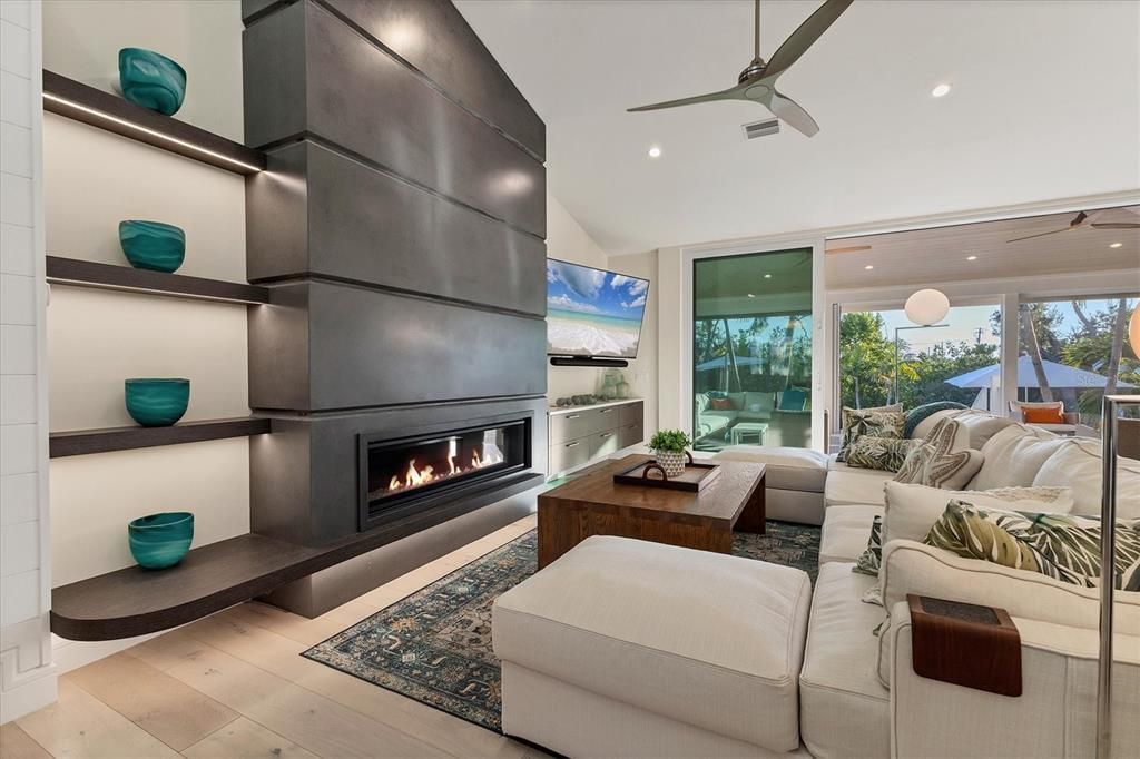 Fireplace, Interior, Living room, Recessed Lighting, Wood Texture Flooring