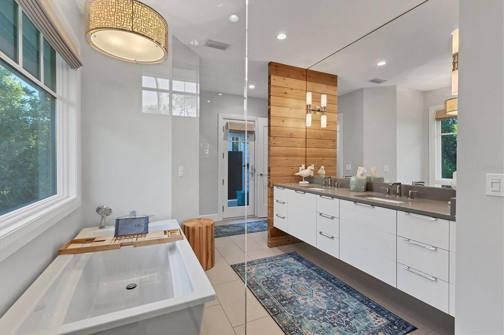 Bathroom, Dual Sink Vanities, Interior, Recessed Lighting, Wooden Walls