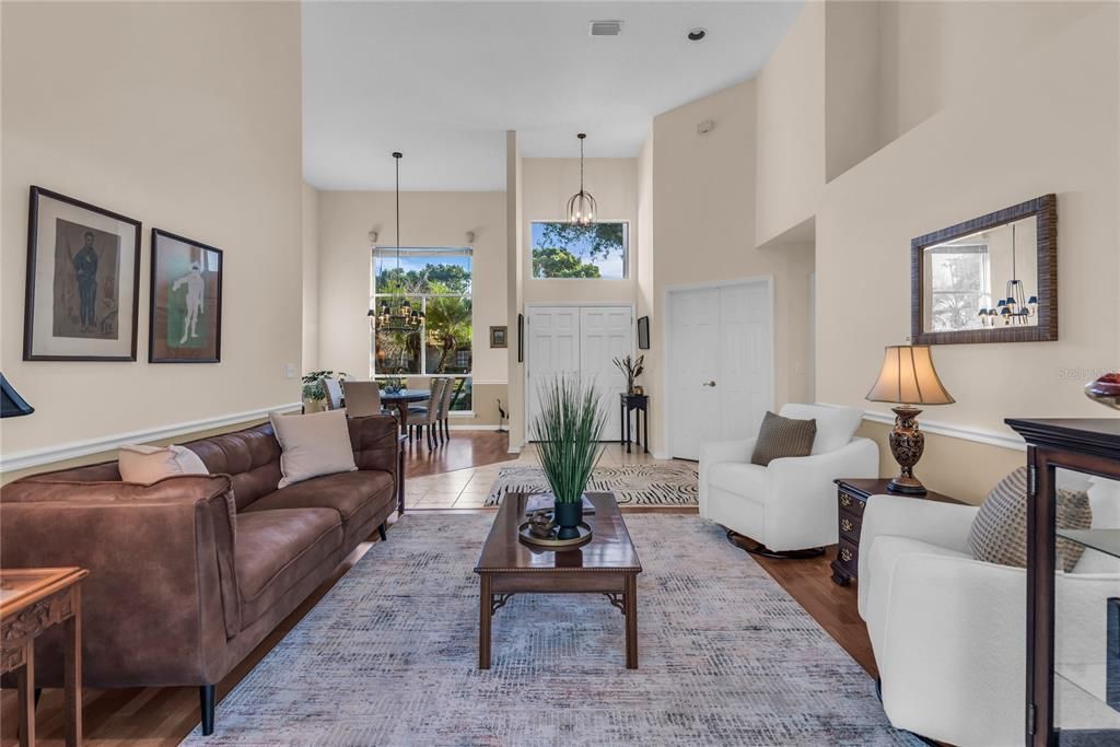 Dining room, Interior, Living room, Pendant Lights, Wood Texture Flooring