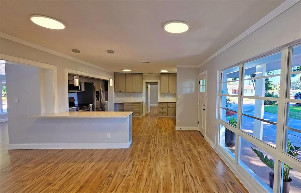 Interior, Kitchen, Pendant Lights, Recessed Lighting, Water, Wood Texture Flooring