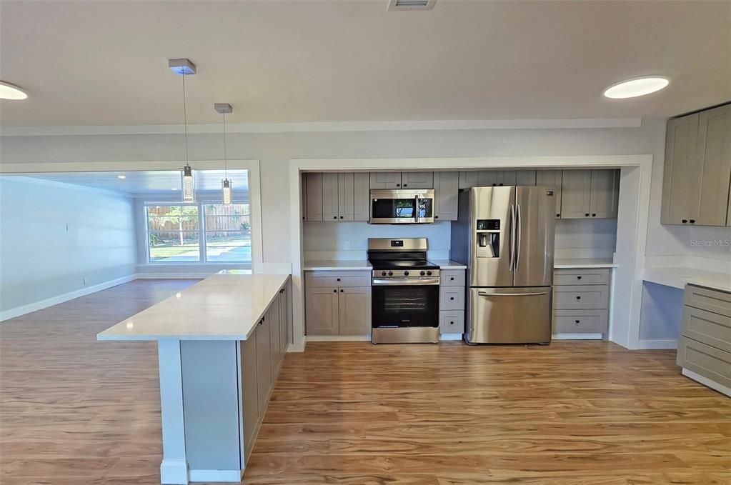 Interior, Kitchen, Pendant Lights, Recessed Lighting, Stainless Steel Appliances, Wood Texture Flooring
