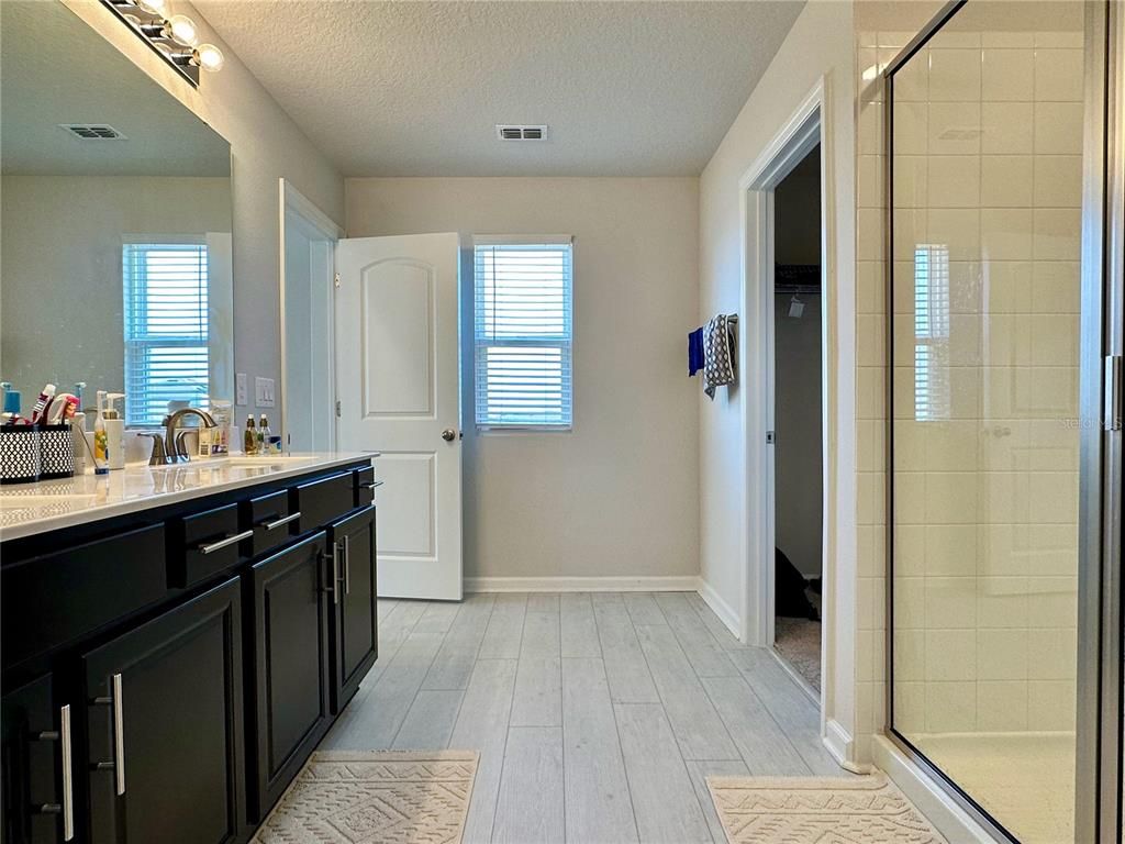 Bathroom, Glass Shower, Interior, Wood Texture Flooring