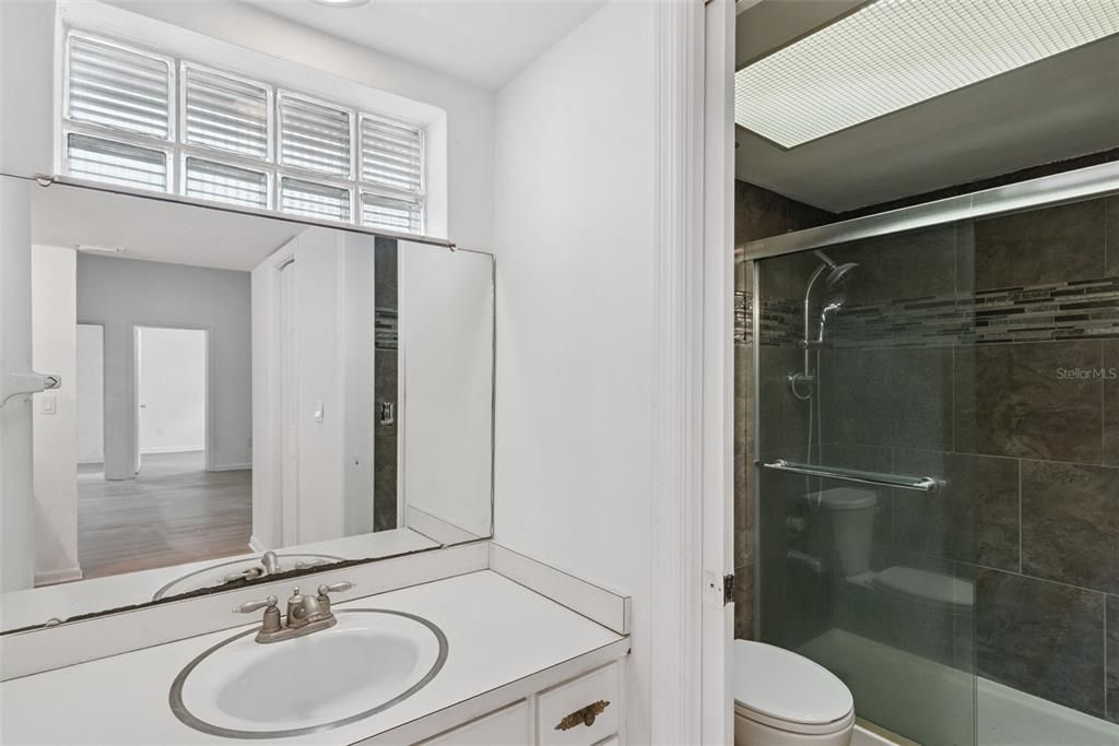 Bathroom, Glass Shower, Interior, Wood Texture Flooring