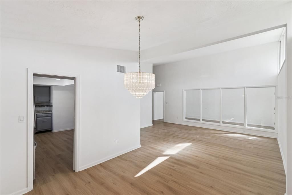 Chandelier, Empty room, Interior, Kitchen, Wood Texture Flooring