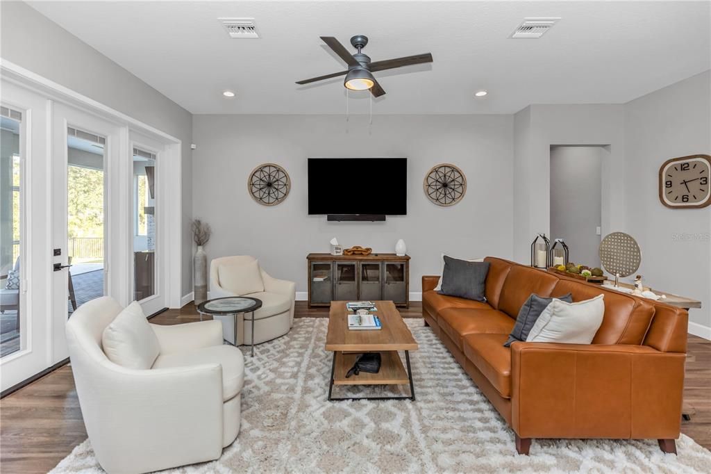 Interior, Living room, Recessed Lighting, Wood Texture Flooring